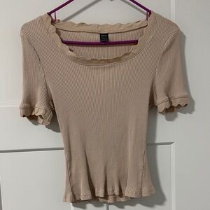 Wild Fable Beige Ribbed Scallop Tee